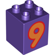 Duplo Stein 2 × 2 × 2 mit orange '9' Druck Dunkellila