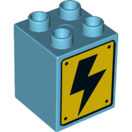 Duplo Brick 2 × 2 × 2 with Power Hazard Electric Lightning Bolt print Medium Azure