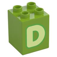 Duplo Brick 2 × 2 × 2 with Yellowish Green 'D' Print Limette
