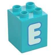 Duplo Brick 2 × 2 × 2 with Light Aqua 'E' Print Mittelazur