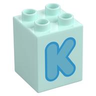 Duplo Brick 2 × 2 × 2 with Medium Azure 'K' Print Light Aqua
