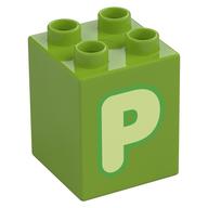 Duplo Brick 2 × 2 × 2 with Yellowish Green 'P' Print Lime