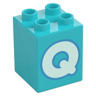 Duplo Brick 2 × 2 × 2 with Light Aqua 'Q' Print Medium Azure