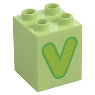 Duplo Brick 2 × 2 × 2 with Lime 'V' Print Yellowish Green