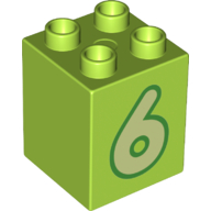 Duplo Brick 2 × 2 × 2 with Yellowish Green '6' Print Lime