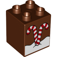 Duplo Brick 2 × 2 × 2 with Snow and Two Candy Canes Print Reddish Brown