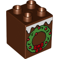 Duplo Brick 2 × 2 × 2 with Snow and Christmas Wreath Print Reddish Brown