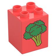 Duplo Brick 2 × 2 × 2 with Broccoli, Cut Pear on Back Print Coral