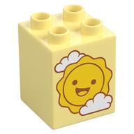 Duplo Brick 2 × 2 × 2 with Sun and Clouds Print Leuchtendes Hellgelb
