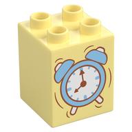 Duplo Brick 2 × 2 × 2 with Alarm Clock Print, Stuffed Bunny on Back print Bright Light Yellow