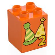 Duplo Brick 2 × 2 × 2 with '2', Party Hats print Orange