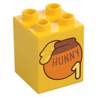 Duplo Brick 2 × 2 × 2 with '1', 'HUNNY', Honey Pot print Gelb