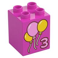 Duplo Brick 2 × 2 × 2 with '3', Bright Pink/Yellow Balloons print Dunkelrosa
