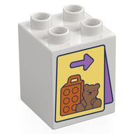 Duplo Brick 2 × 2 × 2 with Sign, Arrow, Bear, Suitcase print Weiß