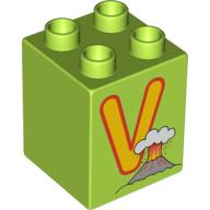 Duplo Brick 2 × 2 × 2 with 'V' and Volcano Print Limette