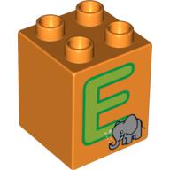 Duplo Brick 2 × 2 × 2 with 'E' and Elephant Print Orange