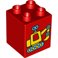 Duplo Brick 2 × 2 × 2 with Yellow and Medium Azure Toy Excavator Print Rot