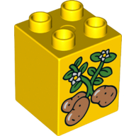 Duplo Brick 2 × 2 × 2 with Three Potatoes with Vines and Flowers Print Yellow