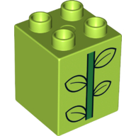 Duplo Brick 2 × 2 × 2 with Green Stem and 4 Black Outlined Leaves Print Lime