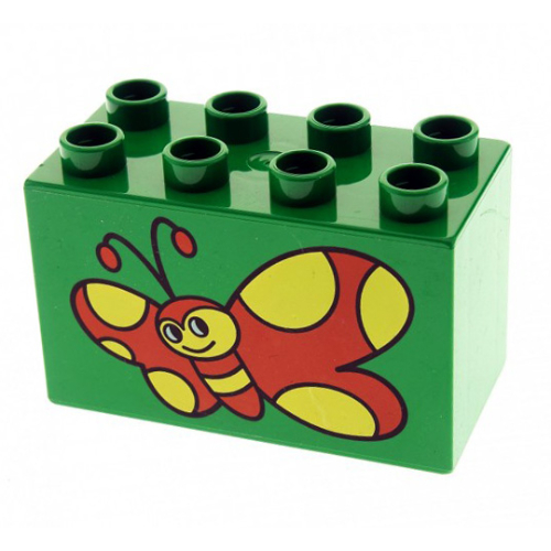 Duplo Brick 2 × 4 × 2 with Red Butterfly with Yellow Spots Print Green