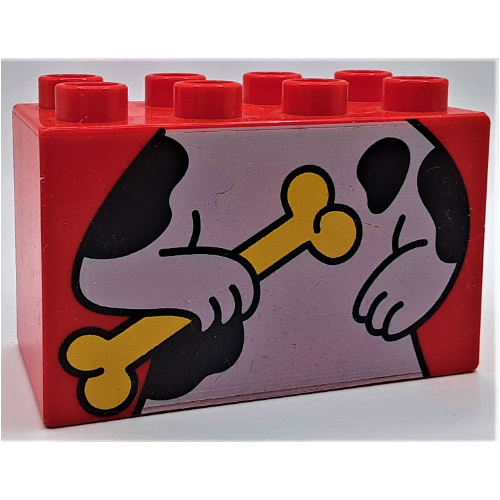 Duplo Brick 2 × 4 × 2 with White Dog, Black Spots, Top Half Holding Bone Print Rot
