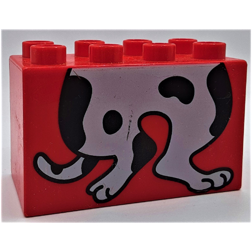 Duplo Brick 2 × 4 × 2 with White Dog, Black Spots, Bottom Half Print Red