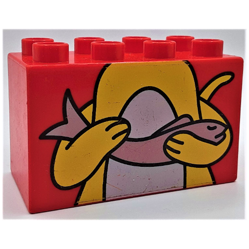 Duplo Brick 2 × 4 × 2 with Yellow Cat, Top Half Holding Fish Print Rot
