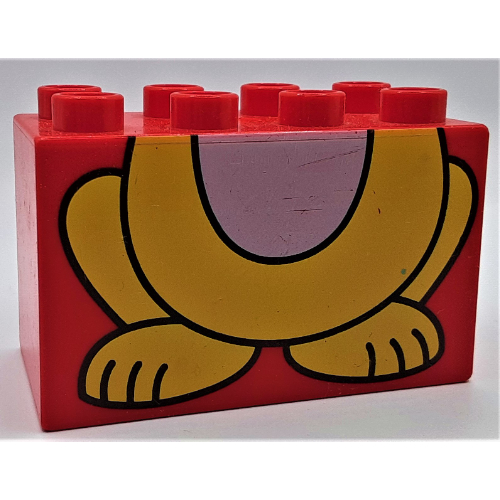 Duplo Stein 2 × 4 × 2 mit gelb Katze, unten halb Druck Rot