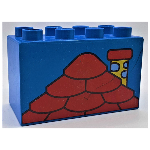 Duplo Brick 2 × 4 × 2 with Red Roof and Yellow Chimney Print Blue