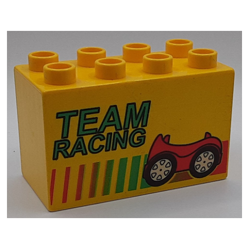 Duplo Brick 2 × 4 × 2 with 'TEAM RACING', Stripes and Red Car Print Yellow