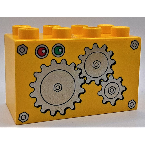Duplo Stein 2 × 4 × 2 mit 3 Zahnräder Druck Gelb