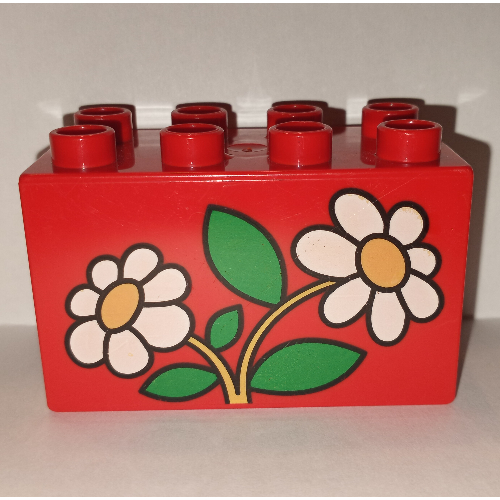 Duplo Brick 2 × 4 × 2 with 2 White Daisies Print Red