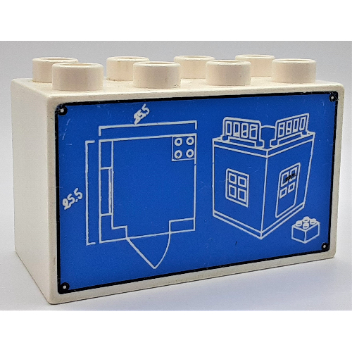 Duplo Brick 2 × 4 × 2 with House Blueprint and Brick Print Weiß