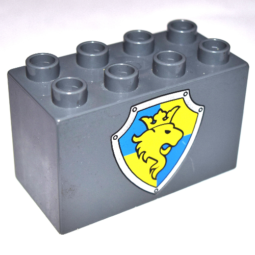 Duplo Brick 2 × 4 × 2 with Lion and Crown on Yellow and Blue Shield Print Dark Bluish Gray