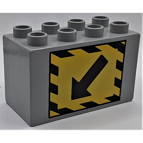 Duplo Brick 2 × 4 × 2 with Black Arrow and Black Stripe Border on Yellow Print Light Bluish Gray