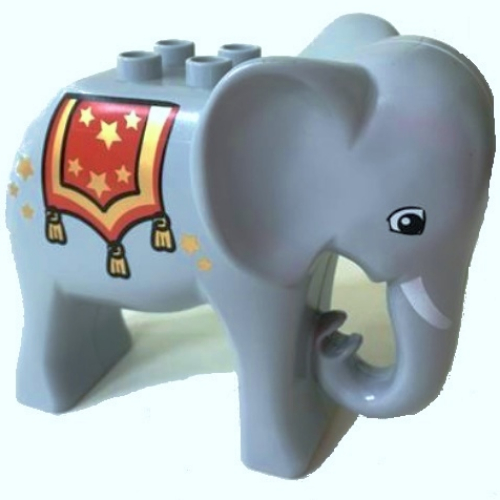 Duplo Animal Elephant Adult Stationary Head, Four Studs, Angular Eye, Tusks, and Red Blanket with Stars Print Light Bluish Gray
