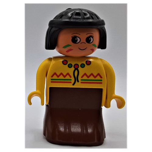 Duplo Figure, Early, Dress Brown, Green and Red Decorations, Black Hair (American Indian) Gelb