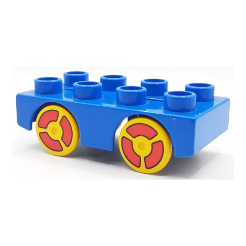 Duplo Car Base 2 × 4 with Yellow Wheels with Red Print, and Lego Logo on Base (Brickrunner) Blue