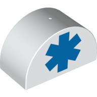 Duplo Brick 2 × 4 × 2 Curved Top with Hospital Blue Star print Weiß