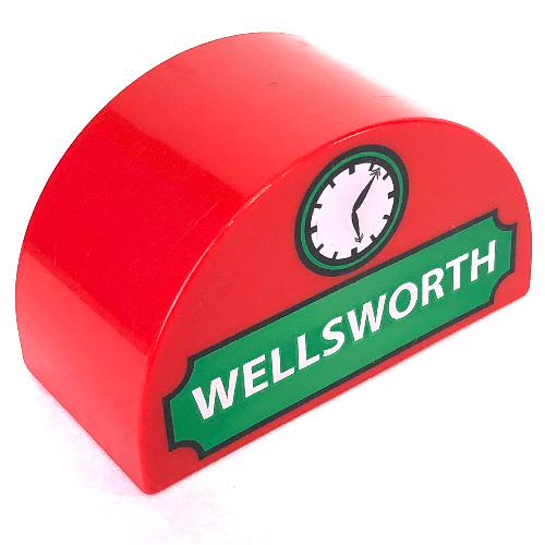 Duplo Brick 2 × 4 × 2 Curved Top with 'WELLSWORTH' and Clock Print Red