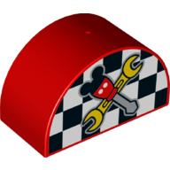 Duplo Brick 2 × 4 × 2 Curved Top - Checkered Flag and Crossed Tools with Mouse Ears Print Rot