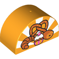 Duplo Brick 2 × 4 × 2 Curved Top with Cupcake, Roll, Croissant, and Pretzel on Bright Light Orange and White Sun-rays Background Print Leuchtendes Hellorange