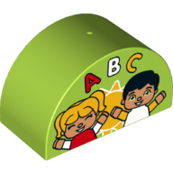 Duplo Brick 2 × 4 × 2 Curved Top with Sun, Two Children, and ABC Print Limette