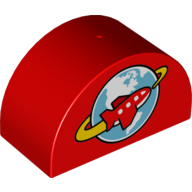 Duplo Brick 2 × 4 × 2 Curved Top with Airplane Circling Globe Print Red