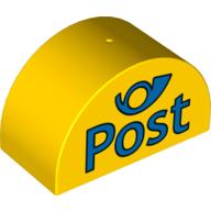 Duplo Brick 2 × 4 × 2 Curved Top with 'POST' and Blue Horn Print Yellow