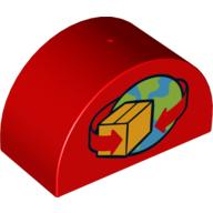 Duplo Brick 2 × 4 × 2 Curved Top with Box and Arrows and Globe Print Red