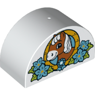 Duplo Brick 2 × 4 × 2 Curved Top with Horse Head in Flowers Print White