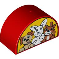 Duplo Brick 2 × 4 × 2 Curved Top with Dog, Bunny / Rabbit and Cat Print Red