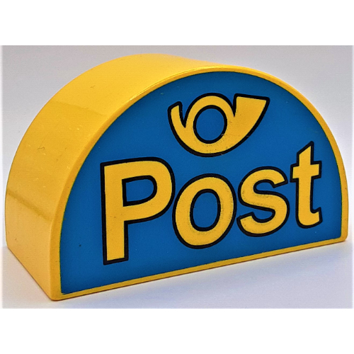 Duplo Brick 2 × 4 × 2 Curved Top with 'Post' and Horn Yellow on Blue Background Print Yellow