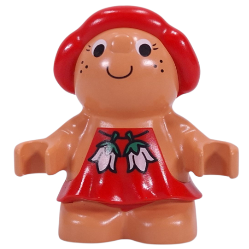Duplo Figure Little Forest Friend Female, Red Dress with Two White Flowers Print (Sugar Strawberry) Nougat